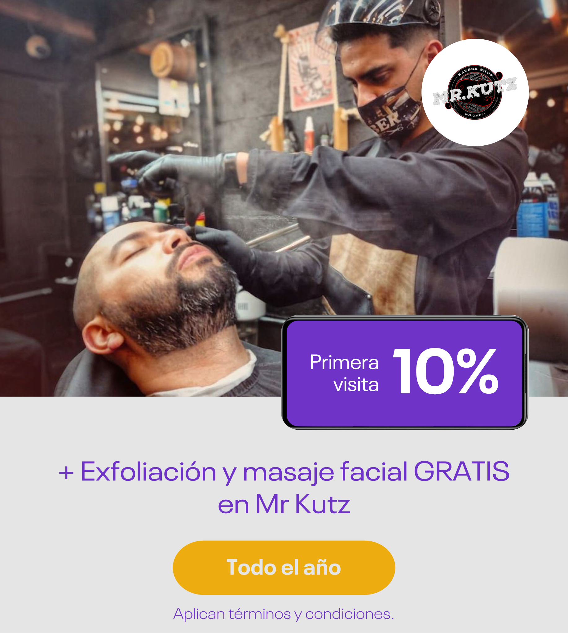 10% de descuento + exfoliación y masaje facial gratis en primera visita a Mr. Kutz Barbería en Viva Envigado
