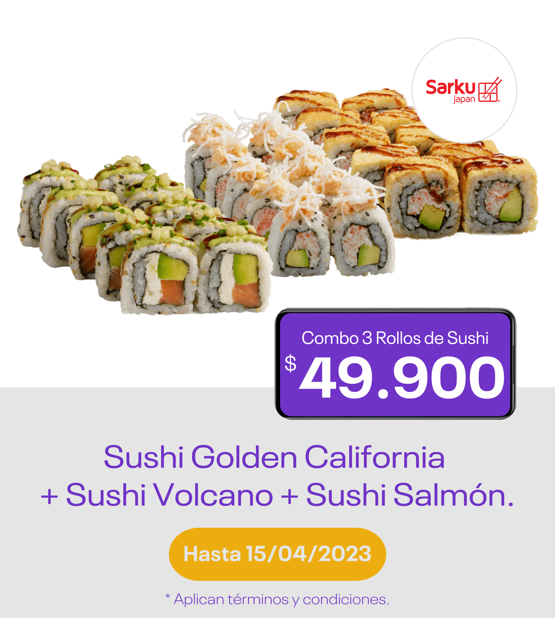 3 Rollos de sushi a $49.900 en Sarku Japan de Viva Envigado